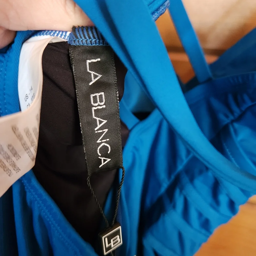 LA BLANCA NWT Island Goddess Blue Multi-Strap Cross-Back Swimsuit UPF 50 Size 14